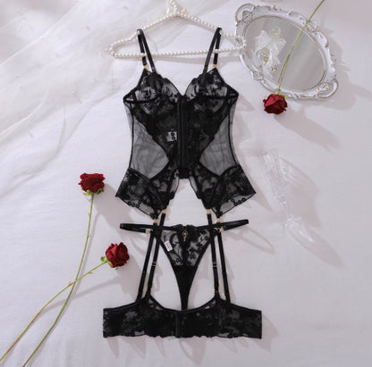 Gem Decoration Heavy Craft Rose Embroidered Slim Shaping Underwear Split Suit