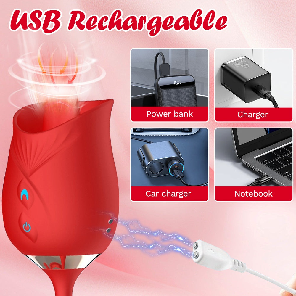 G-Spot Wellness Device - Rose Double-Head Tongue Licking Massager, 10 Suction And Percussion Modes, 3-in-1