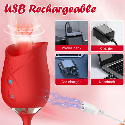 G-Spot Wellness Device - Rose Double-Head Tongue Licking Massager, 10 Suction And Percussion Modes, 3-in-1