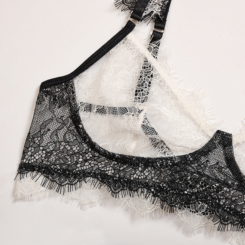 Women's Lace Mesh Eyelashes Full Transparent Temptation Bra Underwear Set