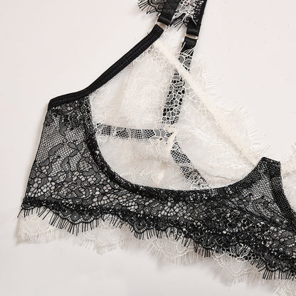 Women's Lace Mesh Eyelashes Full Transparent Temptation Bra Underwear Set