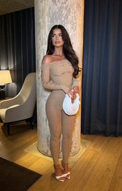 One-piece Long Sleeves Hot Rhinestone Shiny Fishnet Clothes Lingerie