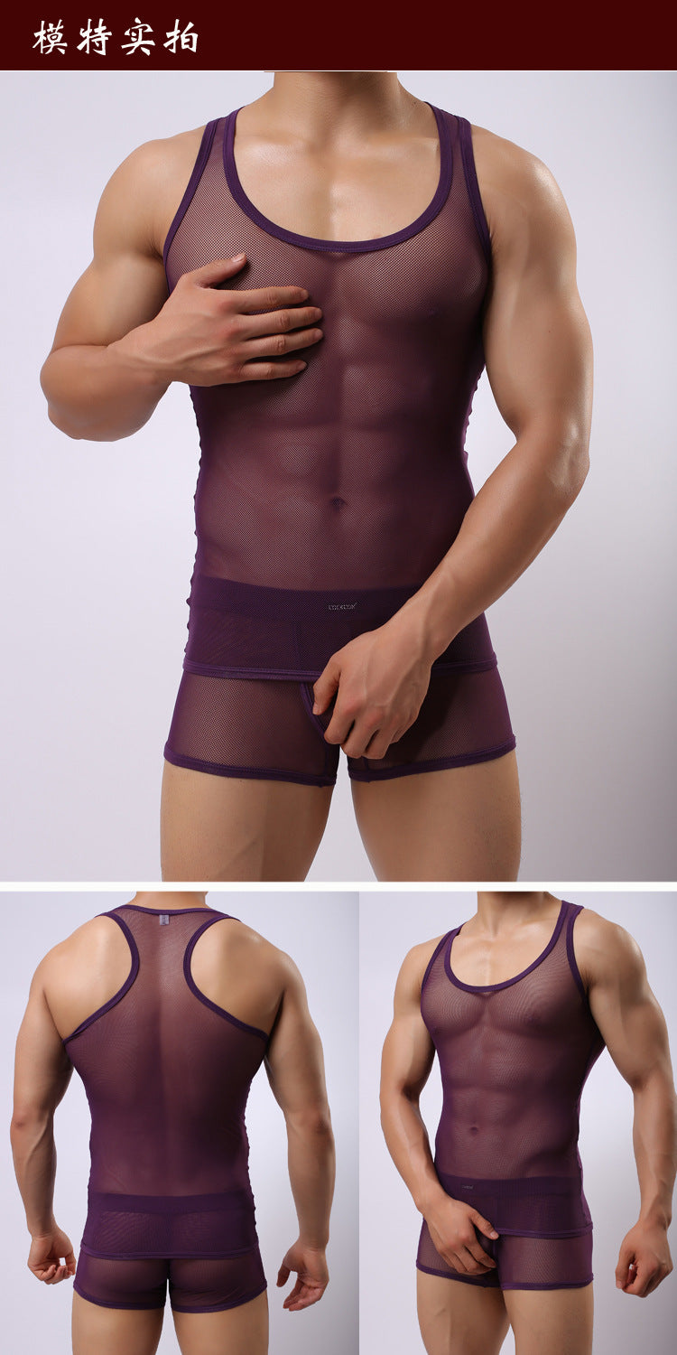 Elegant , couple experience Transparent Cutout Mesh Men's Underwear Mesh Style For Sports Hurdles Vest Shorts Set