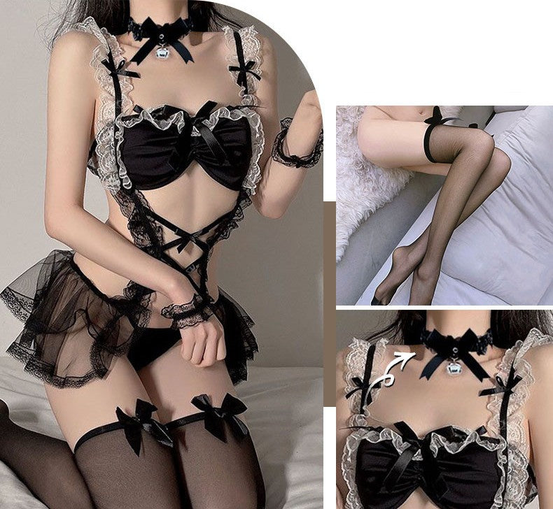 Elegant ,Black Silk Maid  Underwear Suit