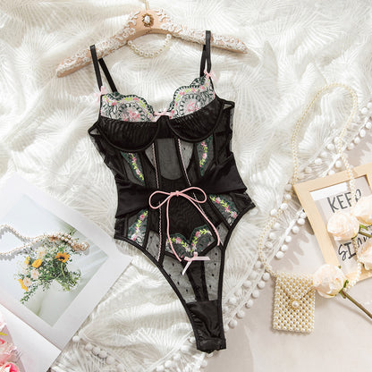Elegant,  Lace Embroidered Mesh Bodysuit