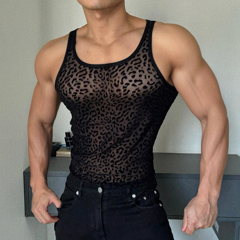 Men's Leopard Print Cutout See-Through Vest - Breathable Disco Sleeveless T-Shirt