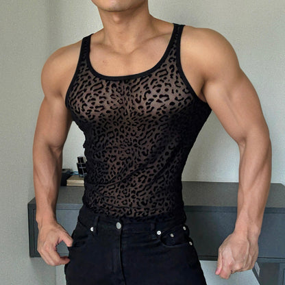 Men's Leopard Print Cutout See-Through Vest - Breathable Disco Sleeveless T-Shirt