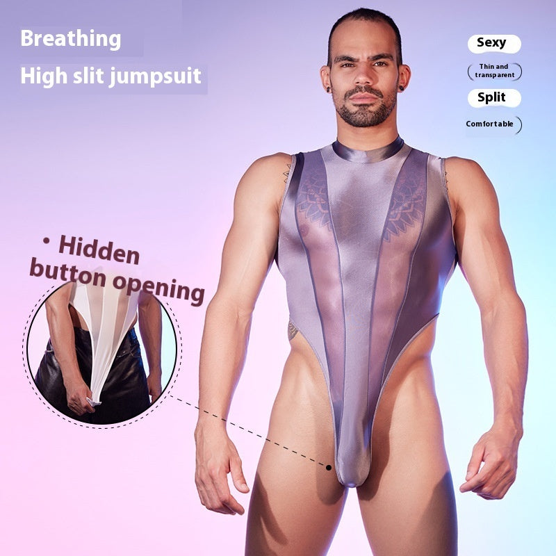 High Elastic Lightweight Stitching Body Shaping See-through , Night Men Jumpsuit