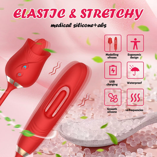 G-Spot Wellness Device - Rose Double-Head Tongue Licking Massager, 10 Suction And Percussion Modes, 3-in-1