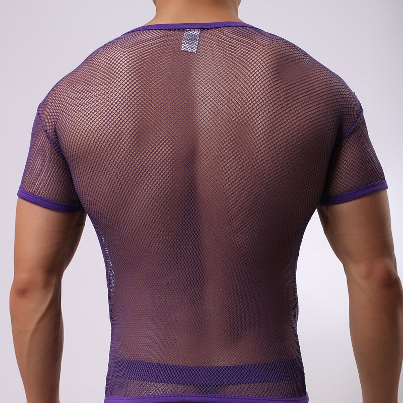 Large Mesh Short Sleeve Men's Underwear Foreign Trade Supply Wear Yoga Bodybuilding Shirt Thin Breathable Men's Short Sleeve